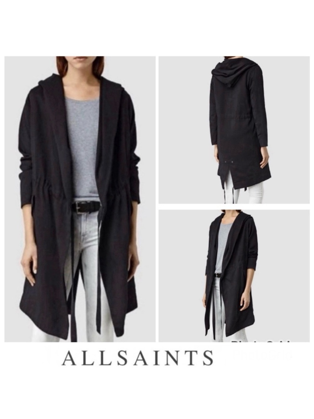 ALL SAINTS Pelya Black Draped Wrap Hoodie Long Sleeves Trench Coat Jacket Sz 4